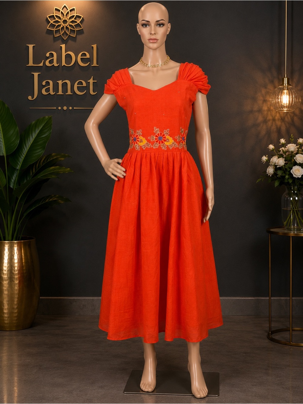 Brand New Bright Orange Embroidered Floral Midi Dress (M up to L)